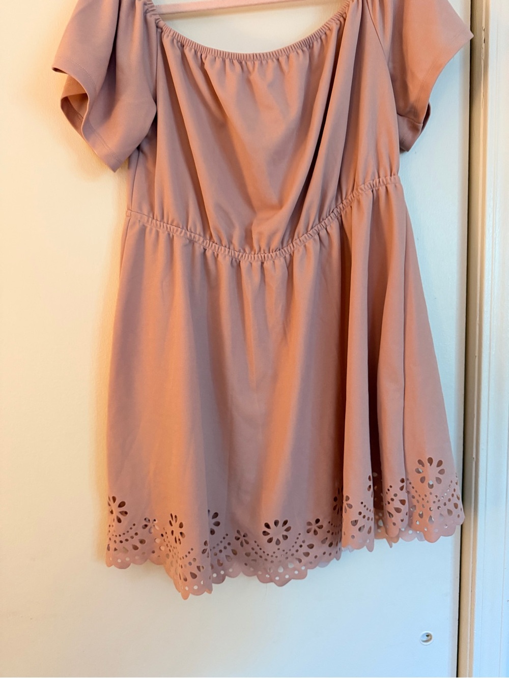 Off shoulder Blush Pink Laser-Cut Hem Mini Dress